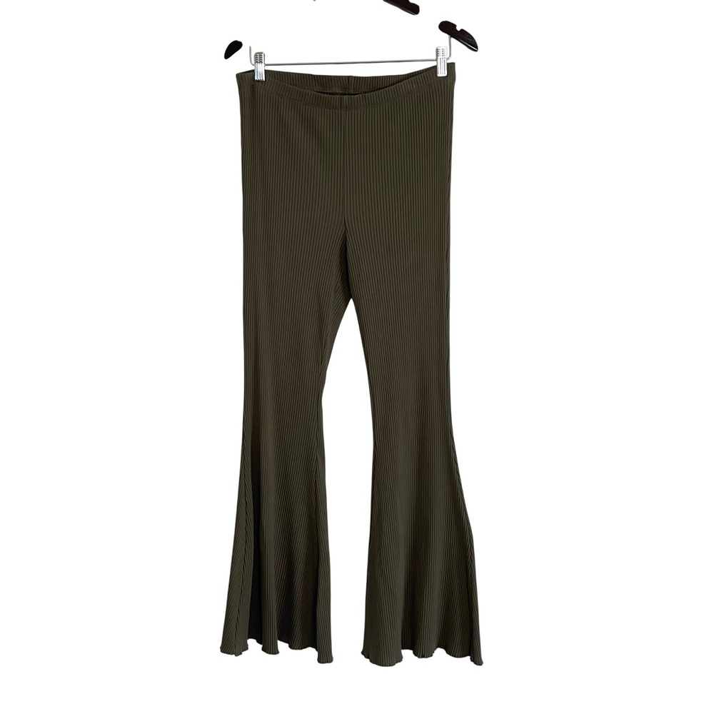 Aerie Ribbed Knit Flare Pants Olive Green High Waisted Bell Bottom Large LG